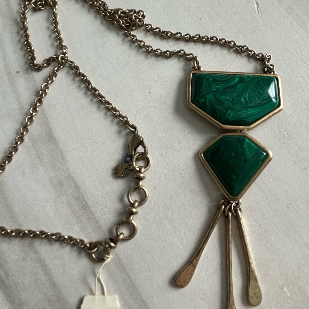 Green and Gold Geometric Necklace hangs 17” NEW w tag